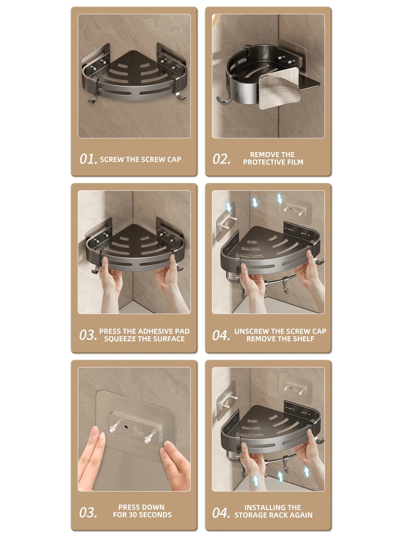 Premium Aluminium Bathroom Shelf with Hooks – Set of 2