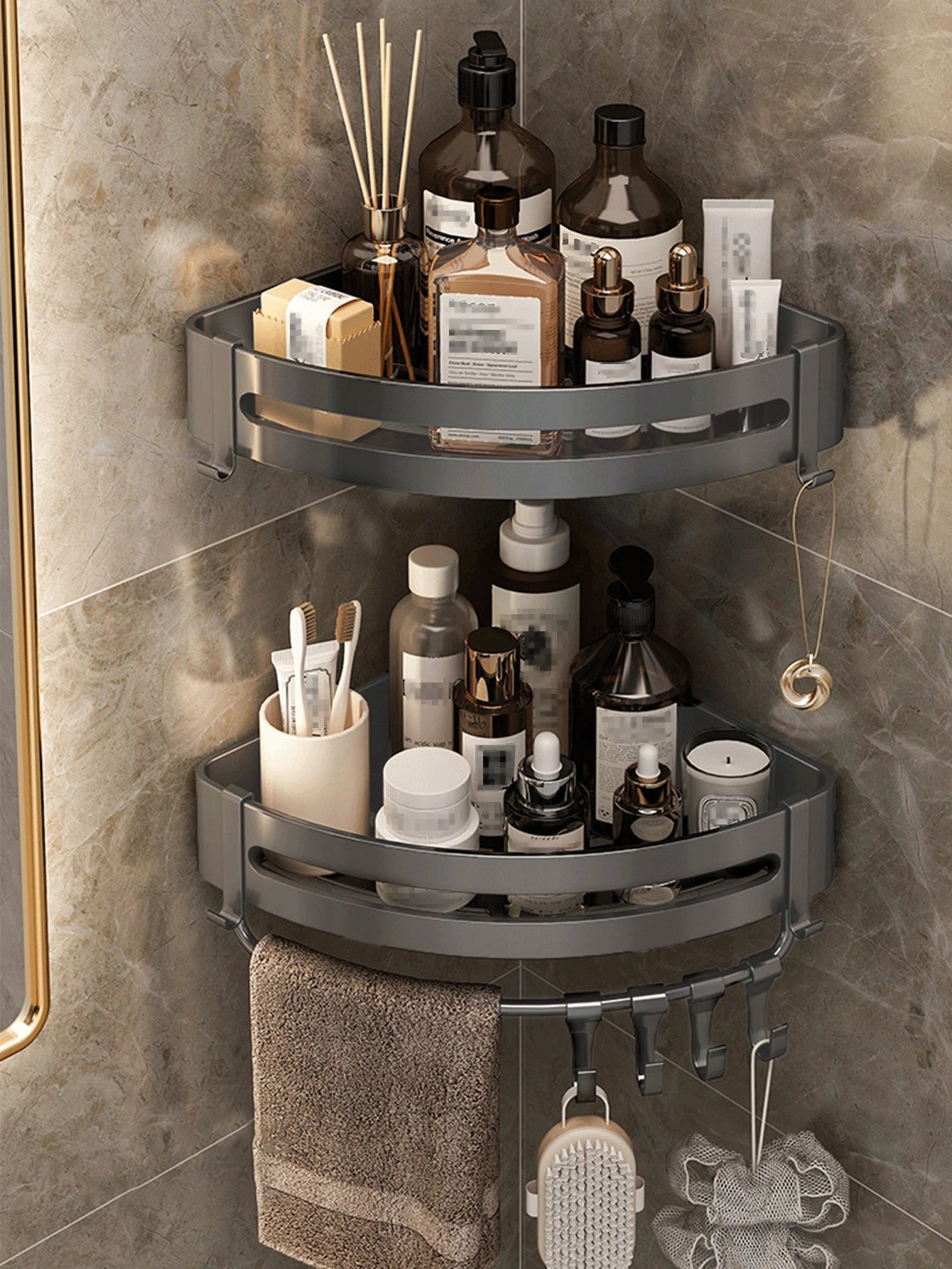 Premium Aluminium Bathroom Shelf with Hooks – Set of 2