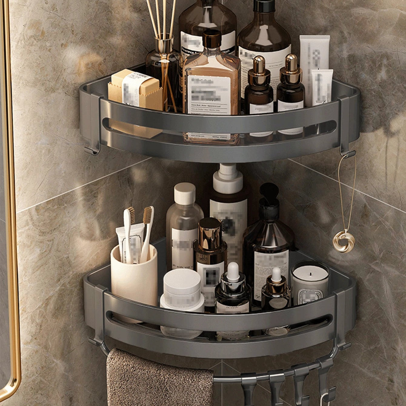 Premium Aluminium Bathroom Shelf with Hooks – Set of 2