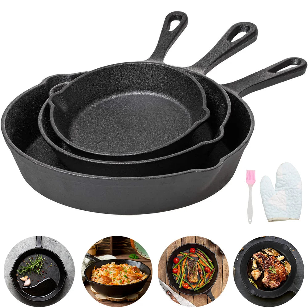 3-Piece Cast Iron Frying Pan Set – Multi-Use Skillets for Everyday Cooking