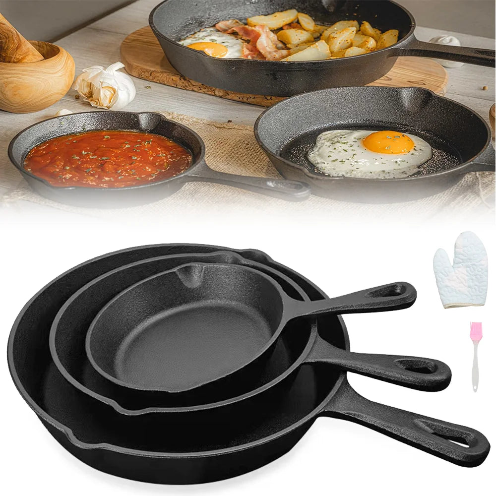 3-Piece Cast Iron Frying Pan Set – Multi-Use Skillets for Everyday Cooking