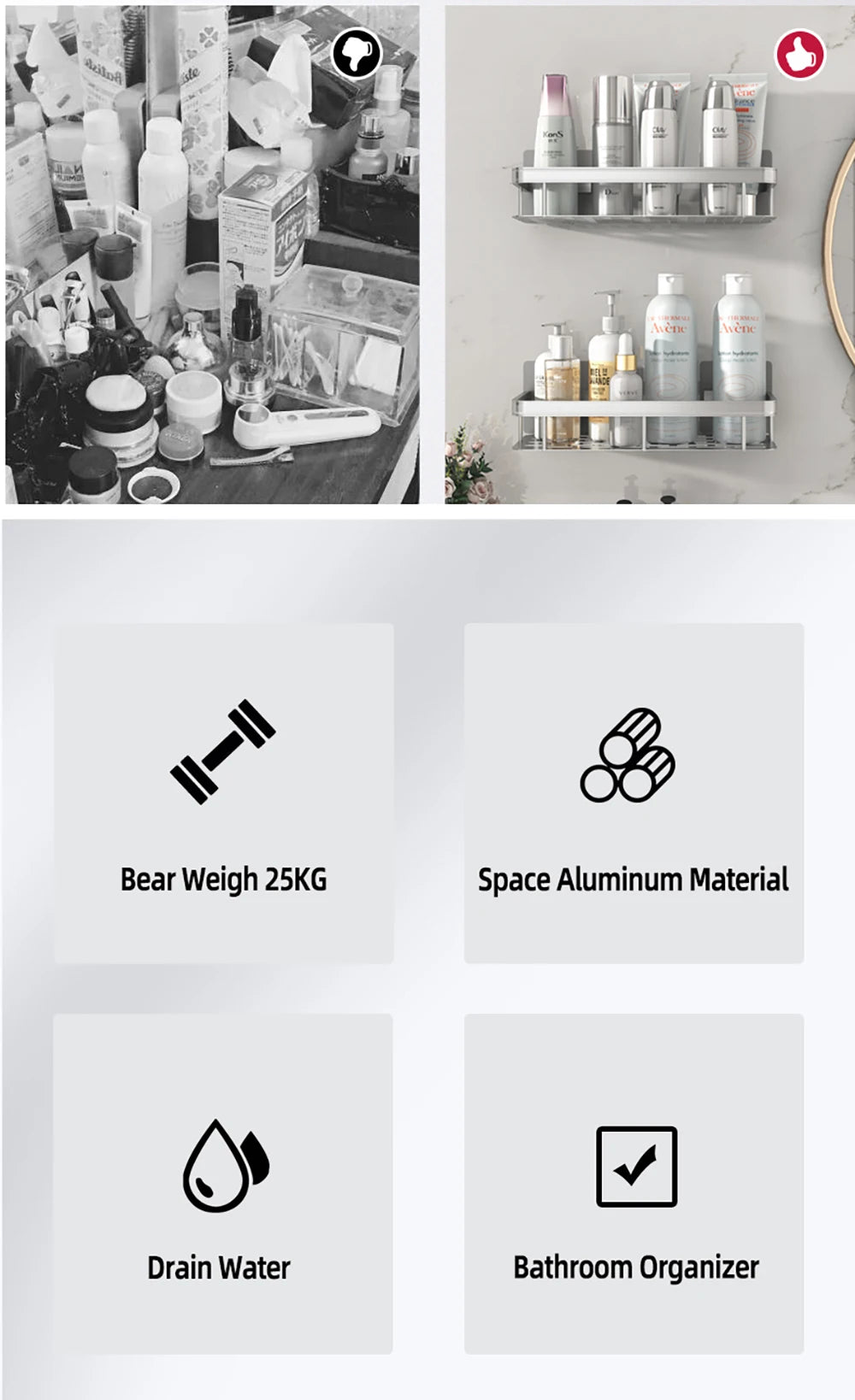 Minimalist Aluminium Bathroom Shelf Set – 2 Pieces