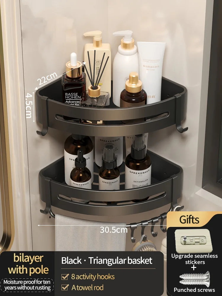 Premium Aluminium Bathroom Shelf with Hooks – Set of 2